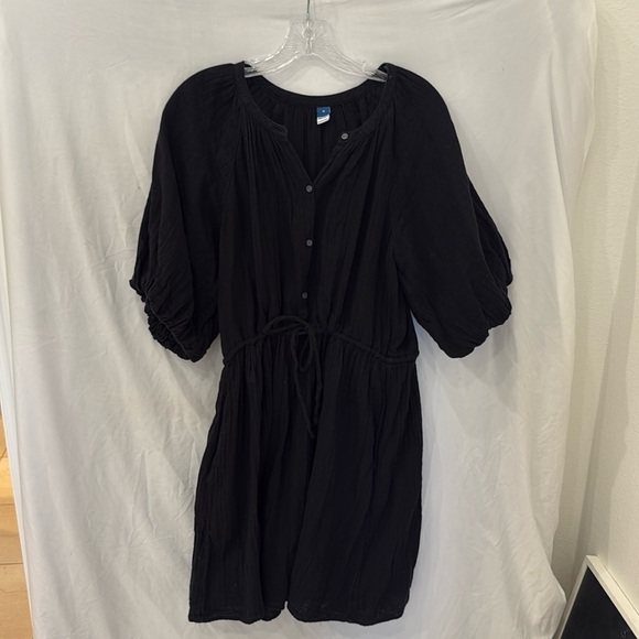Old Navy Womens Sz med midi puff Sleeve Gauze Dress Black Tie Waist - Picture 1 of 4